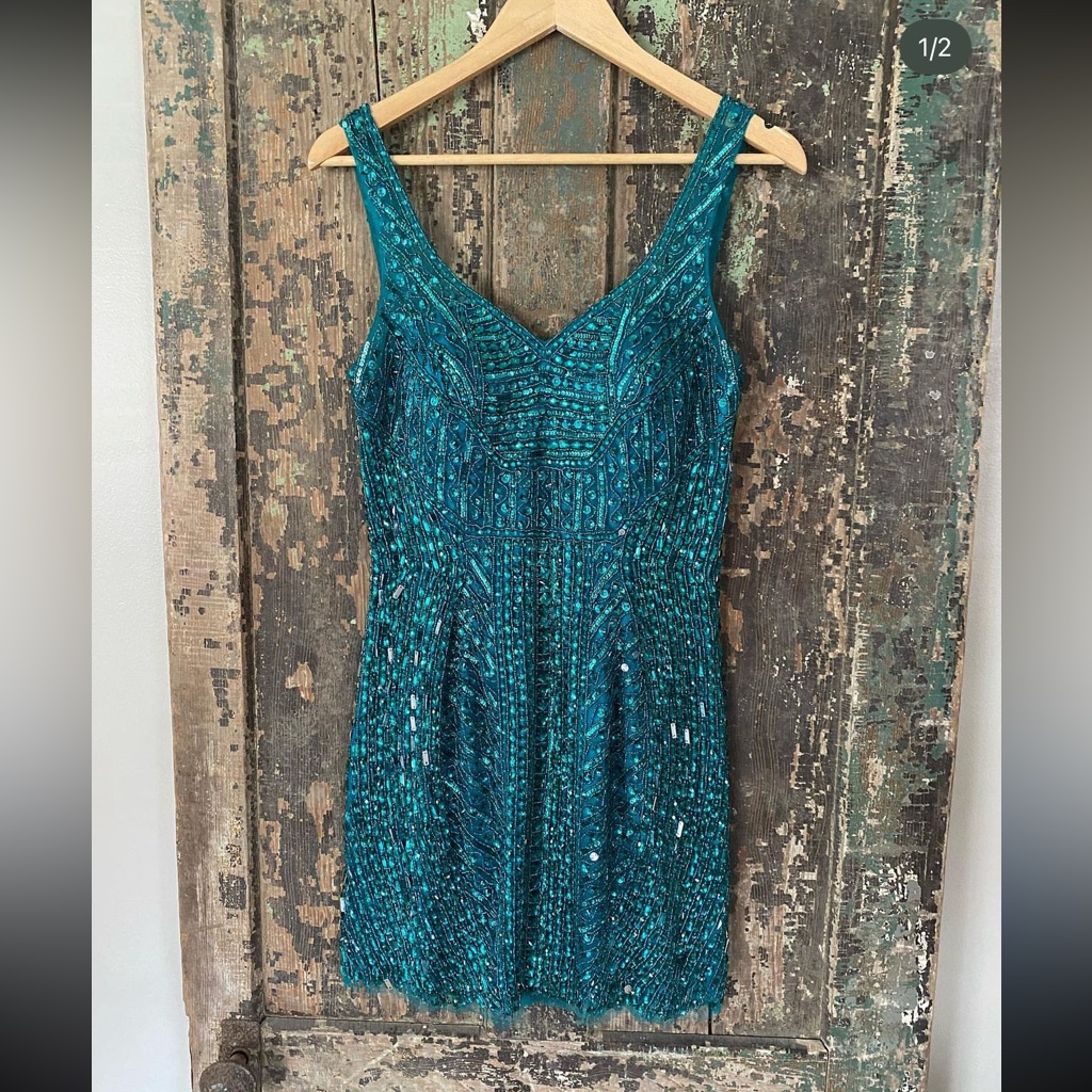 Sherri Hill Turquoise Beaded Cocktail Dress